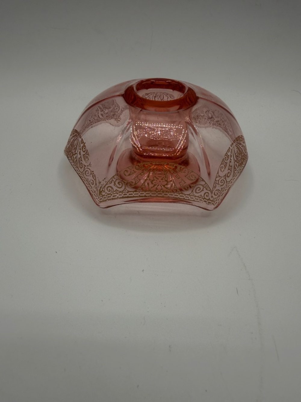 Pink Glass Decorative candle holder with Gold Filigree